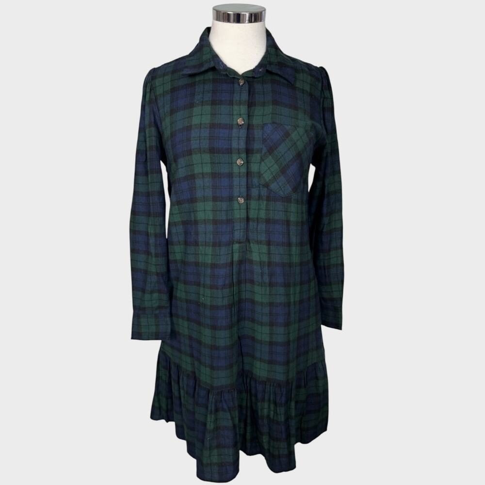 Time and Tru XS 0-2 Blue Green Plaid Dress Long Sleeve Cotton Rayon